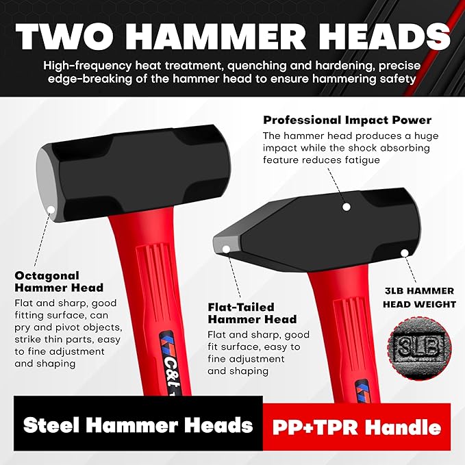 C&T 2 Piece Hammer Set, 3lb Sledge Hammer-Drilling Hammer & blacksmith hammer,mini sledge, cross peen hammer, Fiberglass & Soft No-Slip Handle,Perfect for Demolition, Construction and Blacksmithing
