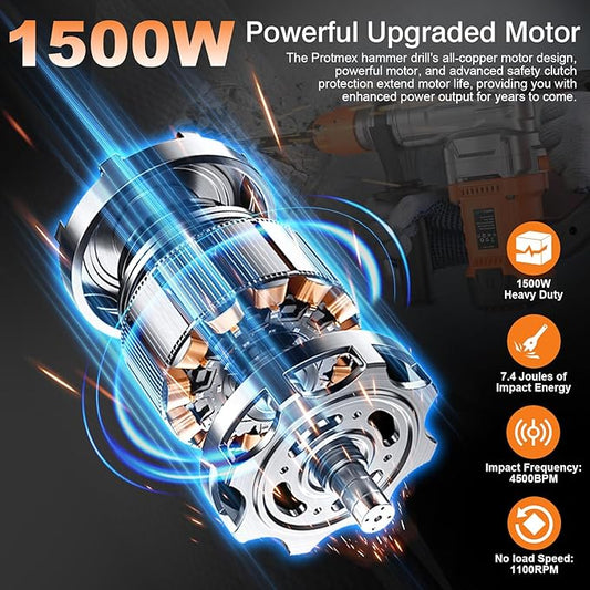 1-1/4 Inch SDS-Plus 13 Amp Heavy Duty Rotary Hammer Drill with Safety Clutch 3 Functions, Vibration Control, for Floor Tile Removal, Concrete Breaker, Including Grease, Chisels & Drill Bits