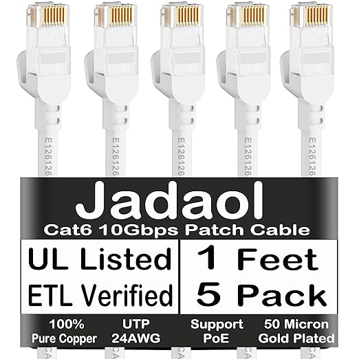 Jadaol Cat 6 Ethernet Cable 1 ft 5 Pack, Outdoor&Indoor, 10Gbps Support Cat8/7 Network, 24AWG Pure Copper Patch LAN Cord, Direct Burial Waterproof UV Resistant for Router, Modem, Switch, Server, White