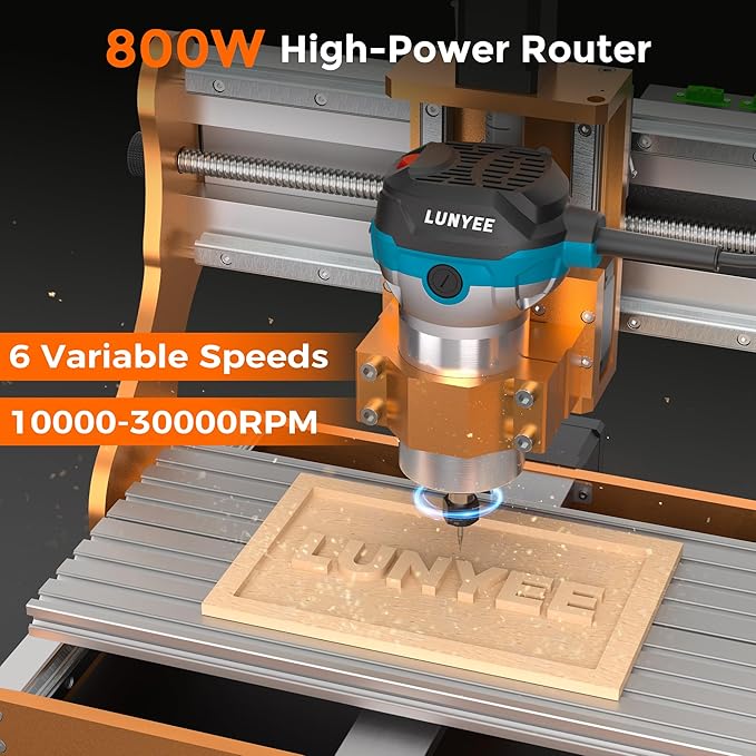 LUNYEE 3020 Nova CNC Router Machine, All-Metal XYZ Axis Linear Guides and Ball screw with 800W Trimmer Router, Suitable for Cutting Aluminum, Brass, Stainless steel, Wood, Acrylic, MDF, and Plastics