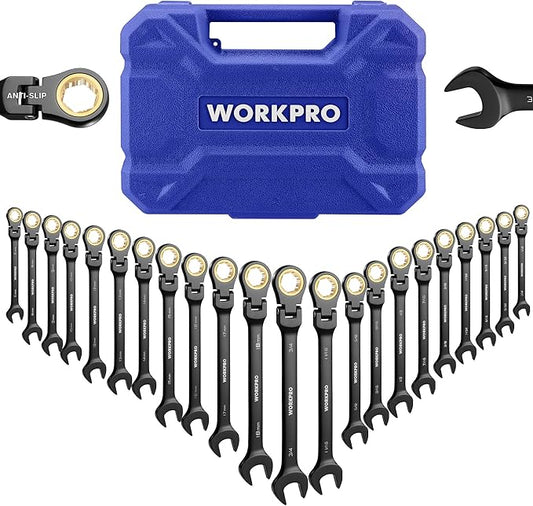 WORKPRO 22-piece Ratcheting Wrench Set with 180째 Flex Head, Anti-Slip Tooth, Combination Wrench Sets with Organizer Box, Metric 6-18mm & SAE 1/4-3/4", Black Electrophoretic Coating