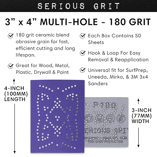 Serious Grit - 3" x 4" 180 Grit Sanding Sheets - Advanced Ceramic Grain - Universal Multi-Hole Design Fits Surfprep, Uneeda, Mirka, 3M, & Any 3x4 Sanders - Heavy-Duty Hook & Loop Film-Backed - 50 Pack