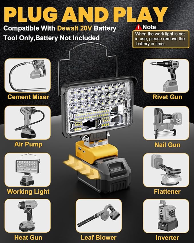 LIVOWALNY Cordless LED Work Light Compatible with Dewalt, 78W 7800LM 5" 20V Battery Flashlights with USB & Type-C & Low Voltage Protection & 140째 Pivoting Head for Emergency, Outdoors & Job Site Light