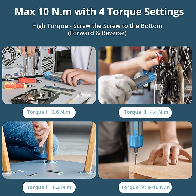 Tilswall 4V Electric Screwdriver Cordless, 10N.m High Torque /260 RPM, Cordless Screwdriver with 4-Level Control, 2200mAh USB-C Fast Charging, with 25pc S2 Steel Bits for DIY and Home Repairs (Blue)