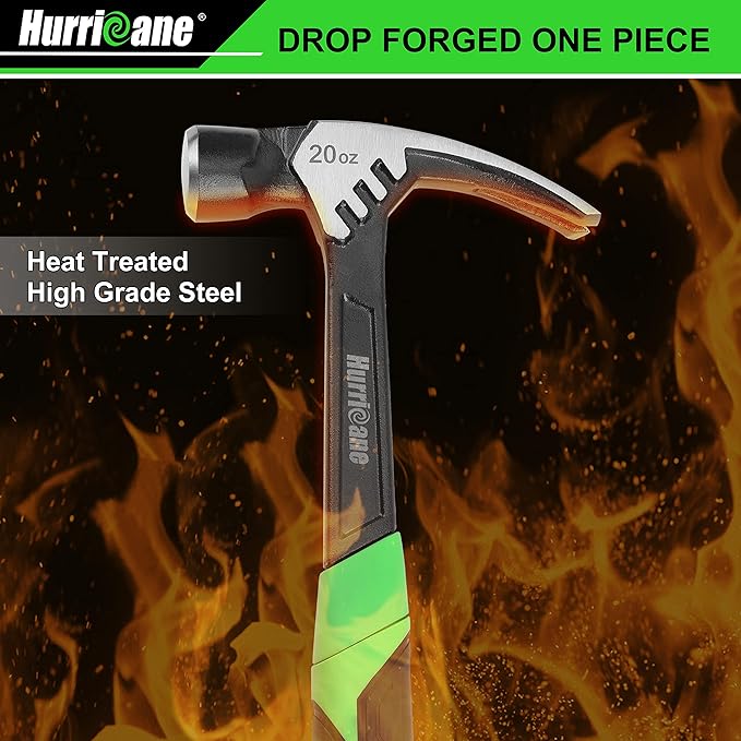 HURRICANE 20 oz Claw Hammer with Magnetic Nail Holder, Straight Rip Claw Hammer with Shock-Absorbing Handle, Heavy Duty One-piece Forged Hammer