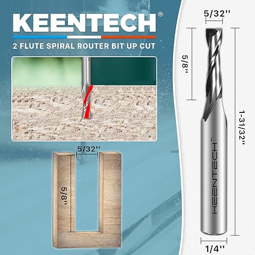 KEENTECH 1/4" Shank Upcut 2 Flute Flat Tip Sprial Router Bit for CNC Router Machine, 5/32" Cutting Diameter, 5/8" Cutting Depth, for Wood Cutting, Custom Furniture, Slot Mortise, Engraving, Carving