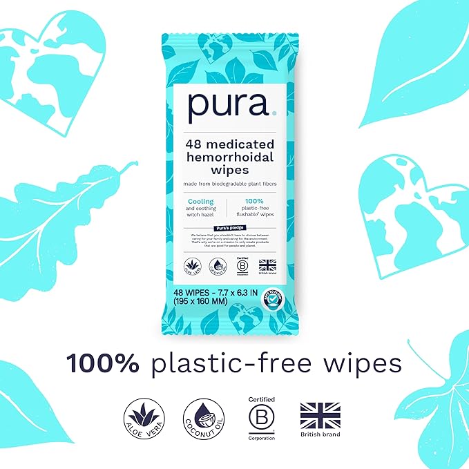 Pura Flushable Hemorrhoid Wipes XL, 48 Count, Medicated with Cooling Witch Hazel, Aloe & Coconut Oil, Fast Relief, Fragrance-Free, 100% Plastic-Free