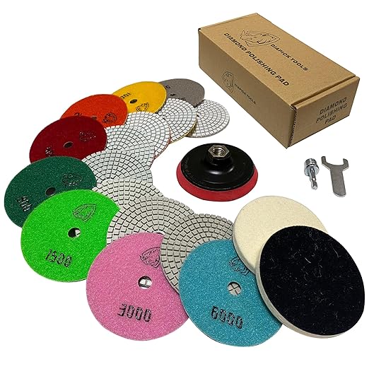 Diamond Polishing Pads 4 Inch Wet Dry Set 13 Pieces for Concrete Marble Quartz Stone Countertop Granite Polishing and Sanding disc Include 5/8"-11thread Backer pad and Drill Adapter