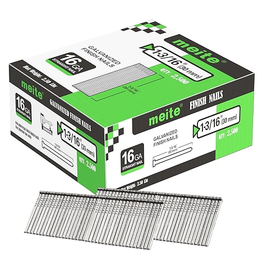 meite 16 Gauge Finish Nails, 1-3/16-Inch Galvanized 16 Gauge Brad Nails, Small Straight Finishing Nail for 16 Gauge Finish Nailer Guns (1 Case)