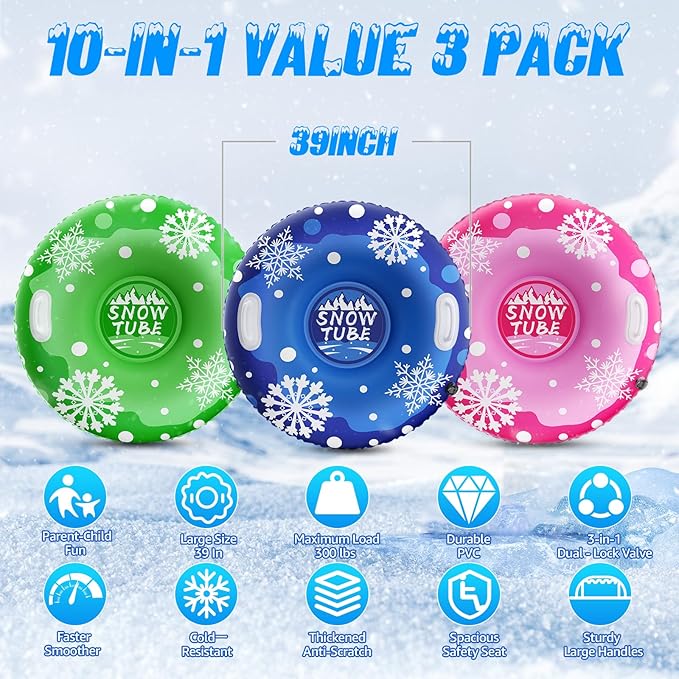 39'' Snow Tube Sled, 3Pack for The Whole Family Inflatable Snow Sled for Kids and Adult, Thickened Heavy Duty Sleds for Snow with Handles, Outdoor Winter Snow Toys for Boys Girls Tubing Sled Gift Set