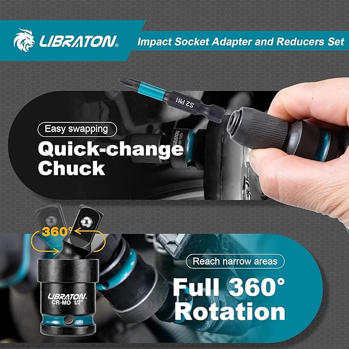 LIBRATON Impact Socket Adapter and Reducer Set 11PCS, Socket Adapter Reducers, Swivel Socket Adapters, Impact to 1/4 Hex Converters, Impact Wrench Adapters for Automotive Repair, with Blow Molded Box