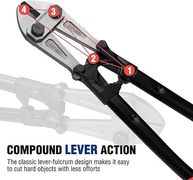 WORKPRO W017006A Bolt Cutter, Bi-Material Handle with Soft Rubber Grip, 24", Chrome Molybdenum Steel Blade
