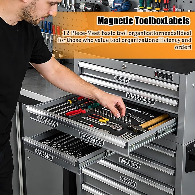 12 Pack Magnetic Tool Box Labels with Icons & Reusable 3D Printed Organizer Labels for Garage Workshop, Thick Waterproof Tool Drawer Stickers for Efficient Organization (Black)