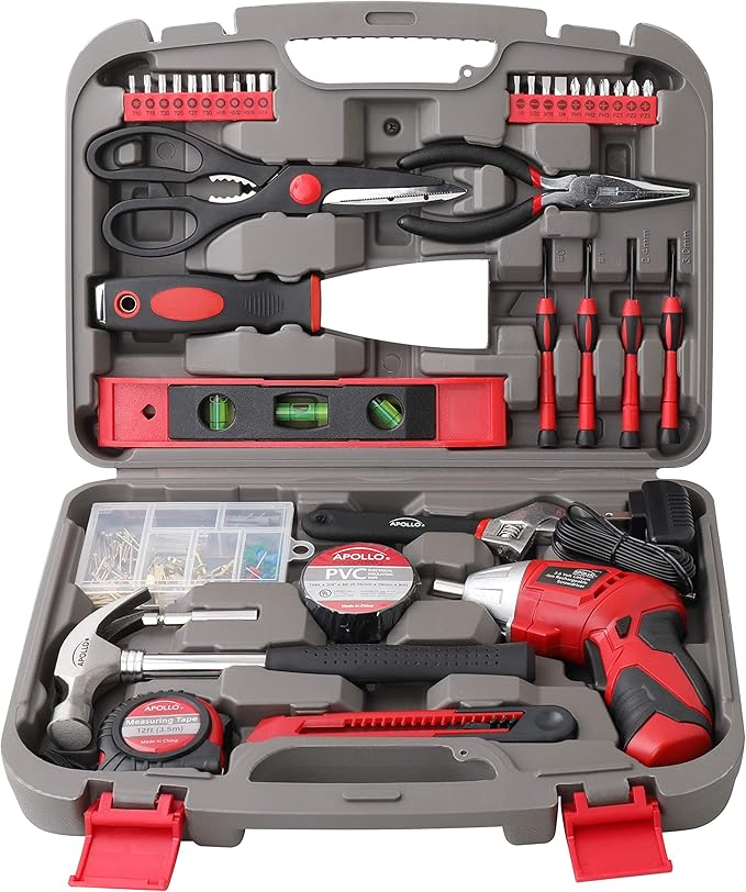 Apollo Tools 135 Piece Household Tool Set with Pivoting Dual-Angle 3.6 Volt Lithium-Ion Cordless Screwdriver ??Includes Most-Needed Tool Selection and Hanging Assortment- Red - DT0773