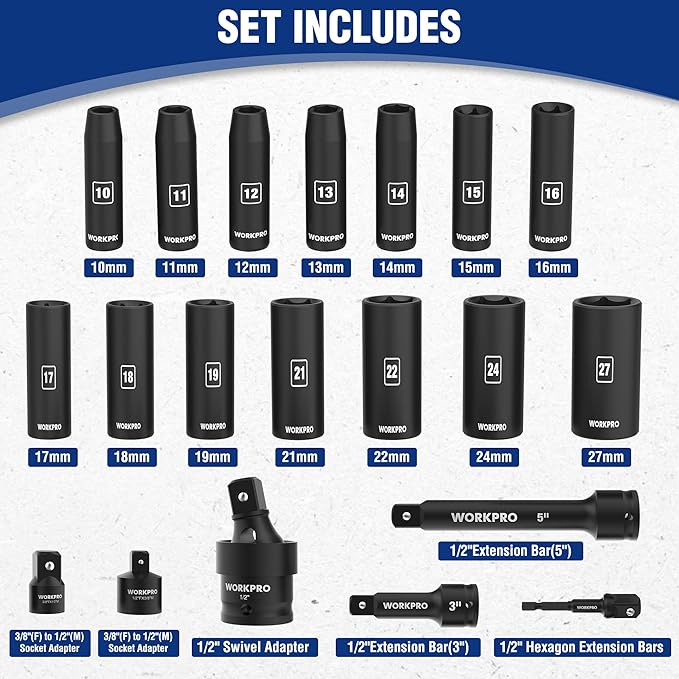 WORKPRO 20-Piece 1/2竊?Drive Deep Impact Socket Set, 6-Point, Cr-V Steel, 10-27mm, Universal Joint, Adapter and Extension Bar, Metric