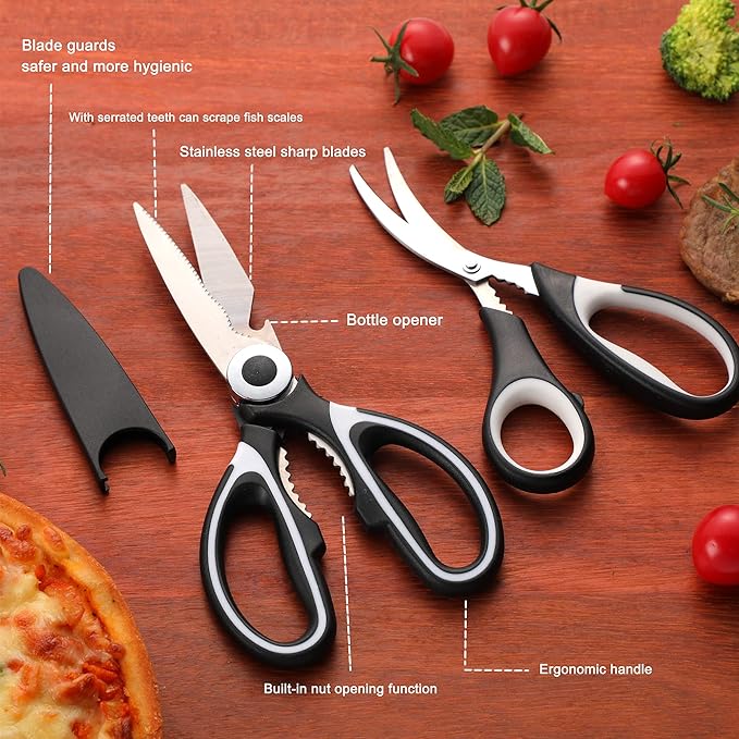 Food Grade Kitchen Scissors 3 Pack- Lifetime Replacement Warranty -Heavy Duty Stainless Steel Cooking Shears for Cutting Meat, Food, Fish, Poultry Multipurpose Sharp Sissors for Dishwasher Safe