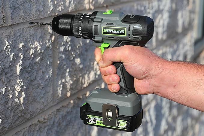 Genesis G20MAX 20V Cordless 1/2" Hammer Drill with 2.0Ah Battery & Charger, All-Metal Ratcheting Chuck, 2-Speed Range (GLHD20B)