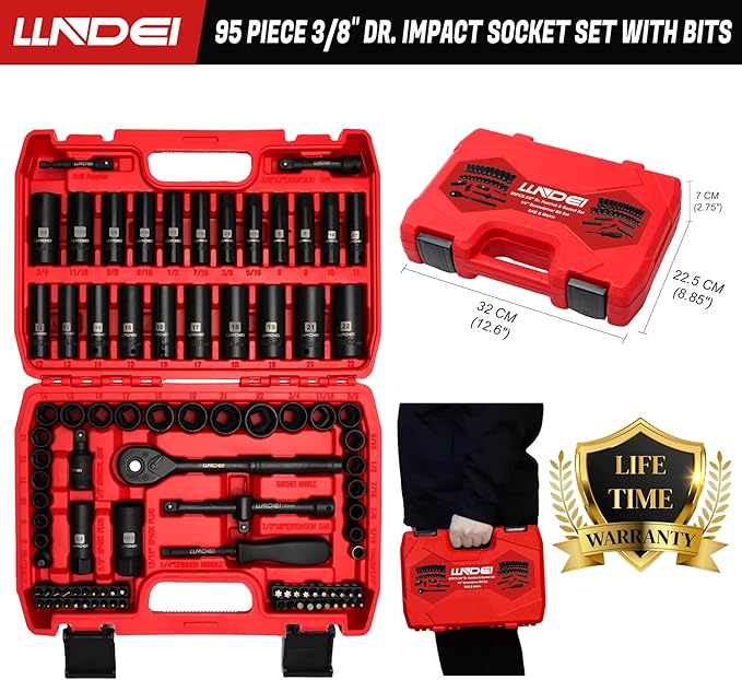 LLNDEI 3/8?쒭rive Impact Socket Set,Standard SAE(5/16 to 3/4-Inch) Metric Size(8-22mm), 95 Piece, CR-V Steel Deep&Shallow Kit, Adapters, Ratchet Handle, Screwdriver Bit Set, Spark Plug Socket, 6 Point