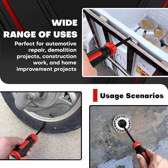 C&T 4-Piece Heavy Duty Pry Bar Set (8",12",18",24"), Premium Mechanic Hand Tools with Thicker Strike Cap & Ergonomic Comfort Grip for Automotive, Demolition & Construction, Black/Red