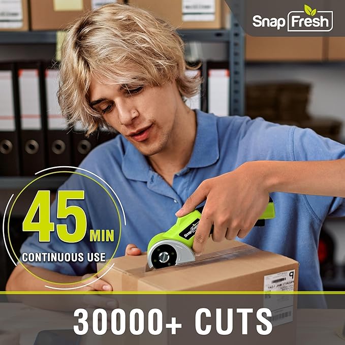 SnapFresh 4V Cordless Electric Scissors-Rechargeable Rotary Box Cutter w/ 2.0Ah Battery, 2 Self-Sharpening Blades, LED Light & Safety Lock,Carpet Cutter Tool for Cardboard, Fabric, Leather, Plastic