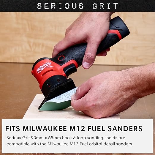 Serious Grit - 40 Grit 90mm x 65mm Triangle Sanding Sheets - Fits Milwaukee M12 Fuel Sanders - Heavy-Duty Hook & Loop Film Sandpaper Pads for Orbital Detail Sanders - 25 Pack Box