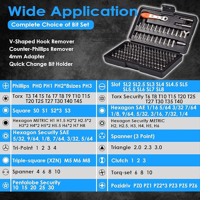 133in1 Mini Ratchet Wrench Screwdriver Bit Set with 1/4" Hex Shank Phillips/Pozidriv/Hexagon/Torx/Slotted/Square Bits, 36-Tooth Gear, Magnetic Bit Holder, 90 Degree Drive Handle
