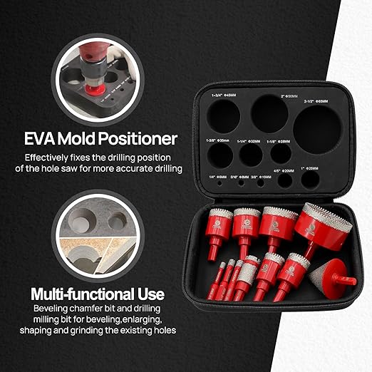 Diamond Core Drill Bit Set - FOCSTOL 11pcs (6/8/10/25/28/32/35/45/65mm+20mm Drilling Milling Bit+50mm Beveling Chamfer Bit) Hole Saw Kit for Porcelain Ceramic Tile Marble Granite with Triangle Shank