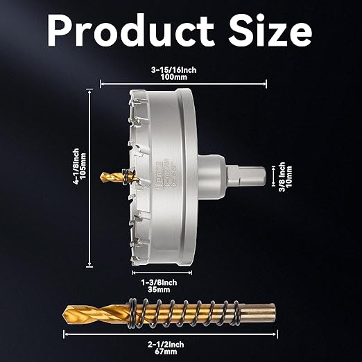 Hole Saw 4-1/8" (105mm) Heavy Duty Carbide with 2 Pilot Drill Bits - Metal Hole Cutter Cuts Stainless Steel, Iron, Copper, Brass, Plastic