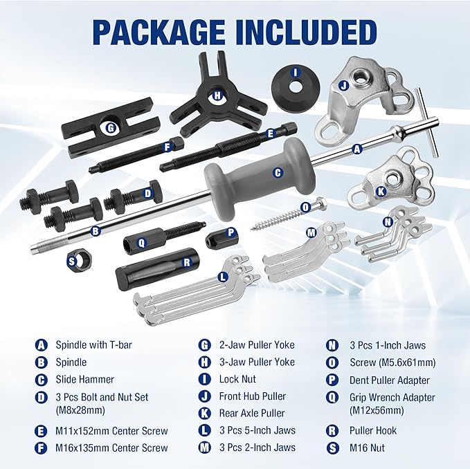 WORKPRO 9-Way Slide Hammer Puller Set, 27-Piece Wheel Hub Removal Tool, for Front Hub & Rear Axle, Heavy Duty Bearing Puller Set with Carry Box