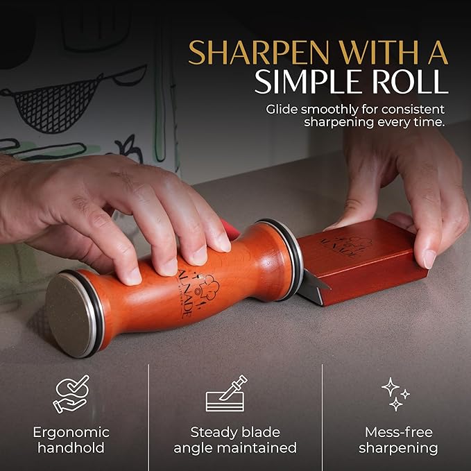 Rolling Knife Sharpener with Comfortable Beech Wood Handle - Premium Kitchen Knife Sharpener Kit for Home Cooks & Chefs, Diamond & Ceramic Wheels, Dual Angle Design, Gift Box Included