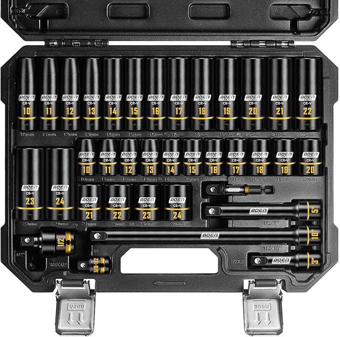 BOEN 1/2" Drive Impact Socket Set, 36-Piece Metric (10-24mm) Deep & Standard Socket with Paint-Filled Markings, Includes Extensions, Adapter & Universal Joint