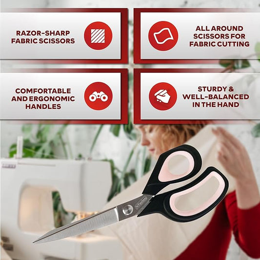XFasten Sewing Scissors for Fabric Cutting Pink 9.5 Inch Professional Fabric Scissors Sewing | Heavy duty and Large