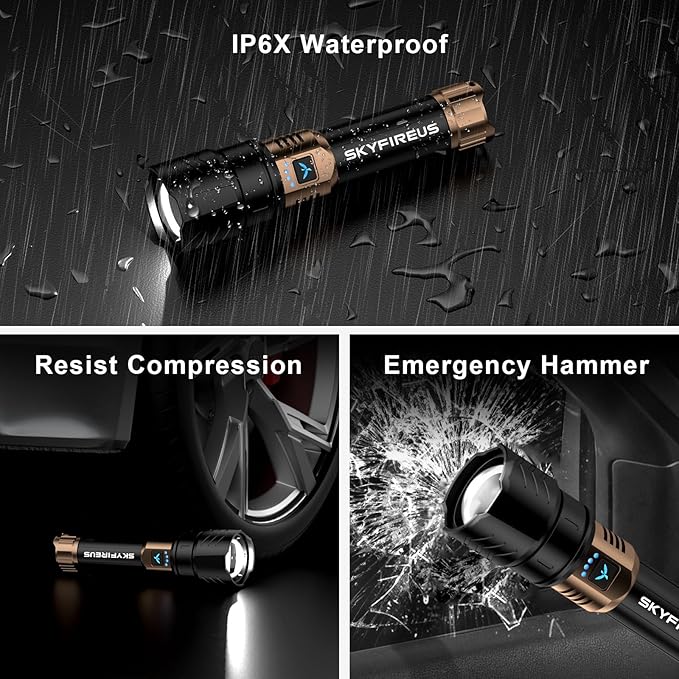 SKYFIRE Rechargeable Flashlight High Lumens,Super Bright Flashlight,Zoomable,Four Modes,Waterproof LED Flash Light for Camping Essentials,Outdoor and Home Emergencies-8000mAh