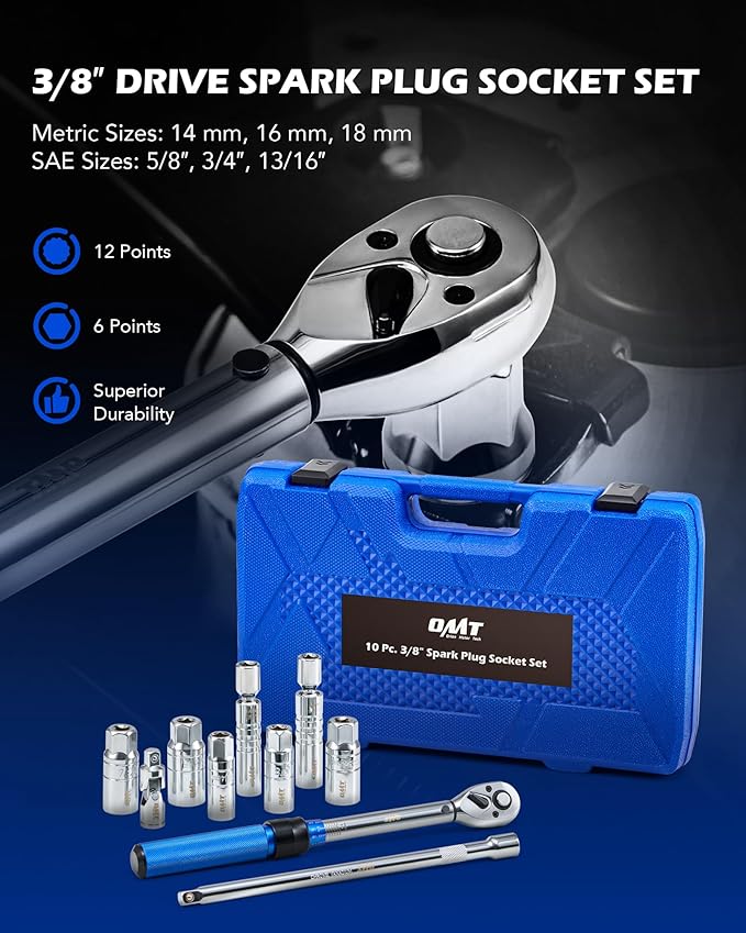 Orion Motor Tech 10pc 3/8 inch Drive Spark Plug Socket Set with 72 Tooth Click Torque Wrench, Magnetic Swivel Sockets, Universal Joint & Extension Bar, Cr-V Steel Magnetic Spark Plug Socket