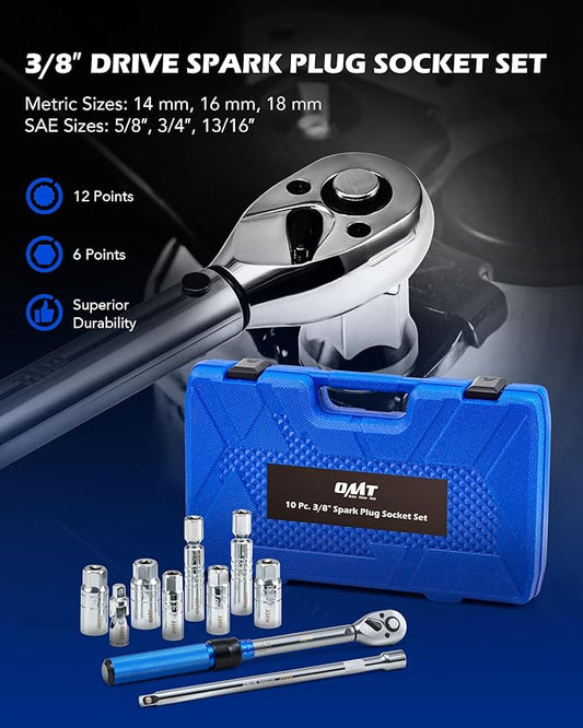 Orion Motor Tech 10pc 3/8 inch Drive Spark Plug Socket Set with 72 Tooth Click Torque Wrench, Magnetic Swivel Sockets, Universal Joint & Extension Bar, Cr-V Steel Magnetic Spark Plug Socket