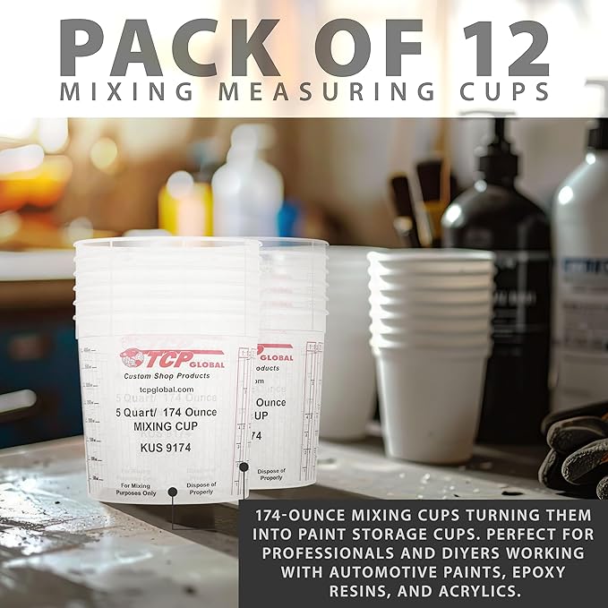 Custom Shop Paint Mixing Cups, 5-Quart (12 Pack) - Plastic Measuring Cups for Liquids, Automotive Painting, Epoxy Resin, Acrylic Arts, Crafts, Disposable or Reusable, Graduated, Mixing Ratios