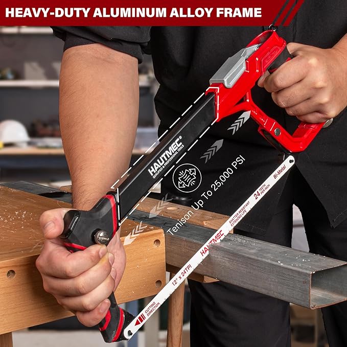 HAUTMEC 12" Fast High-Tension Hacksaw with 5 Extra Bi-Metal Blades, Heavy-Duty Aluminum Hack Saw with Ergonomic Non-Slip Handle, Quick-Change Tension, Blade Storage & Dual Cutting Angles - HTHSH25034