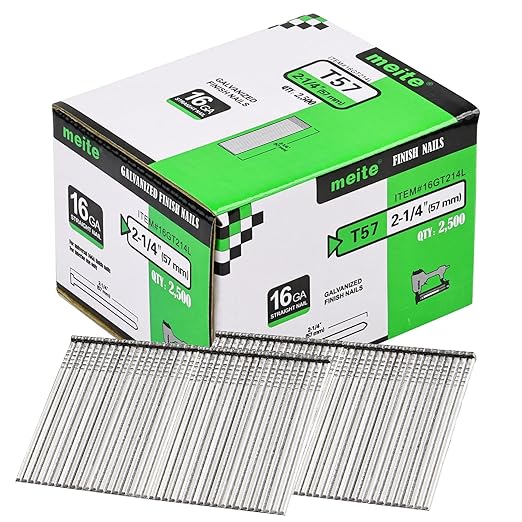 meite 16 Gauge Finish Nails, 2-1/4-Inch Galvanized 16GA Finish Nails, Small Straight Finishing Nails for 16 Gauge Finish Nailer Guns (2,500 Counts)