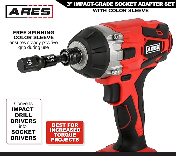 ARES 22011-3-Piece 3-Inch Impact Grade Socket Adapter Set with Color Sleeve - Turns Power Drill into High Speed Nut Driver - 1/4-Inch, 3/8-Inch, and 1/2-Inch Drive