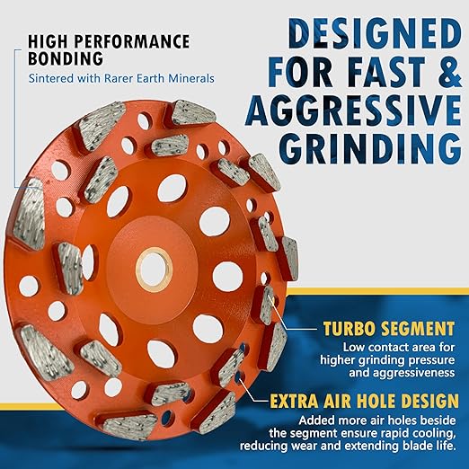 5" High Performance Diamond Grinding Wheels for Aggressive Concrete, Paint, Epoxy, Mastic & Coating Removal, #20 Grit, 18 Segments, 7/8"-5/8" Non-Threaded Arbor