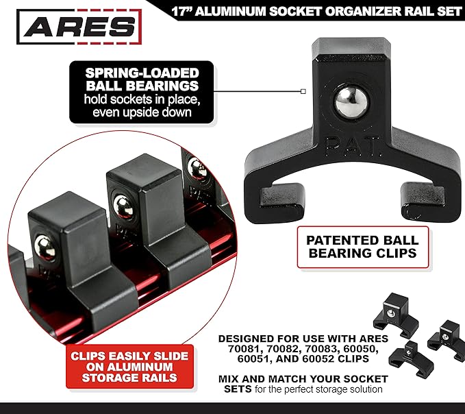 ARES 60124-3-Piece Red 17-Inch Aluminum Socket Rail Set with Locking End Caps - Includes 1/4-Inch, 3/8-Inch, and 1/2-Inch Drive Rails - Each Aluminum Rail Stores up to 16 Sockets