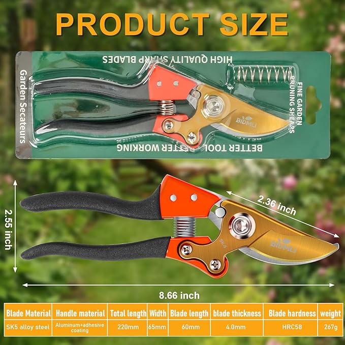 Heavy Duty Pruning Shears竊똆arden Scissors & Clippers with Red-BIDMLI 8.66" SK5 Steel Blades & Aluminum Alloy Handles, Tree Branch Cutter, Ideal for Thick Branches, Dry Twigs, Flower Pruning Tool.
