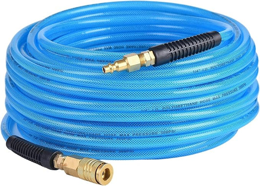 100FT 1/4 Inch Reinforced Polyurethane Air Hose for Compressor - Flexible Heavy Duty Braided Pneumatic Hose with Quick Connect Fittings 300 PSI for Garage Shop Automotive Use