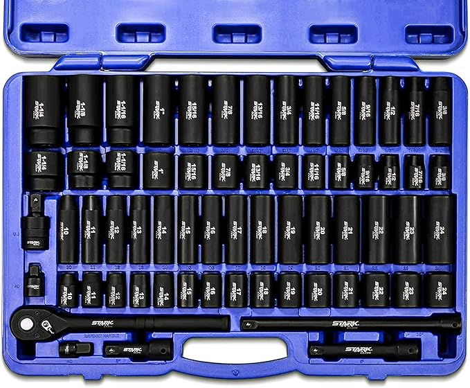 Stark USA 1/2" Drive Master Impact Socket Set, 65 Piece, Standard SAE (3/8"-1-1/4") & Metric (10-24 mm) Sizes, Deep & Shallow Kit, Includes Adapters & Ratchet Handle