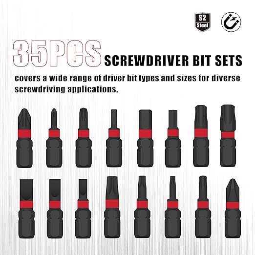 35 Pcs Screwdriver Bits Set, Hex S2 1/4 Impact Driver Bit Set, Anti-Tamper Security Torx Bit Set for Power Screwdrivers and Electric Drill Drivers, Allen Wrench Drill Bit Set with Case