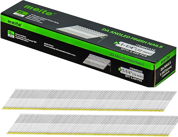 meite 1-1/4 Inch DA Nails, 15 Gauge 34-Degree Angled Finish Nails in Galvanzied-Perfect for Moldings Trimming Works and DIY Projects (2,400 Counts)