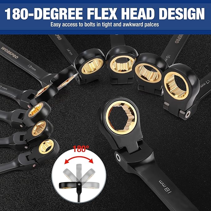 WORKPRO 22-piece Ratcheting Wrench Set with 180째 Flex Head, Anti-Slip Tooth, Combination Wrench Sets with Organizer Box, Metric 6-18mm & SAE 1/4-3/4", Black Electrophoretic Coating