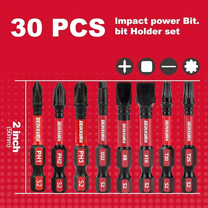 Screwdriver Bit Set with PH1/PH2/PH3/SQ2/T20/T25/SL8/SL10 and 1Pcs Impact Bit Holder, 30Pack Bulk Impact Rate Insert Driver Bit Set