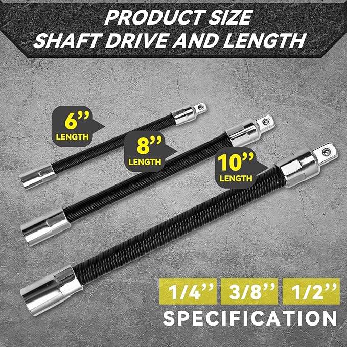 3-Piece Flexible Socket Extension Bar Set 1/2" 1/4" 3/8" Shaft Drive 10" 8" 6"