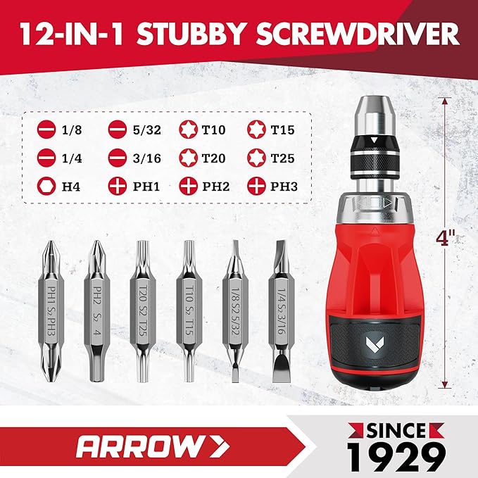 ARROW Stubby Ratcheting Screwdriver, 12-IN-1 Multi Bit Ratchet Screwdriver set, Premium S2 Steel, Innovated Bits Quick-Load Mechanism, with Phillips, Slotted, Torx, Square Bits Stored in Handle